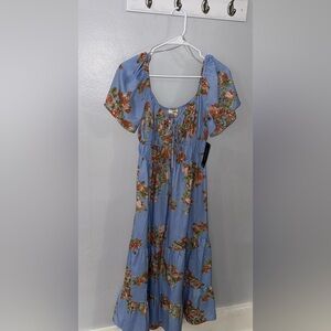 Blush Floral Midi Dress in Blue and Orange